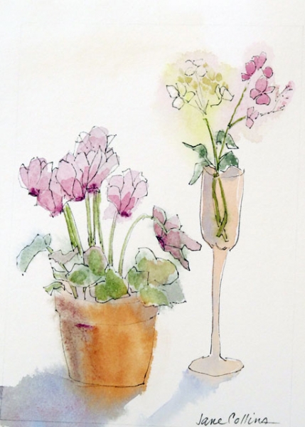 Click here to view CYCLAMEN AND WINE GLASS by Jane Wallor Collins